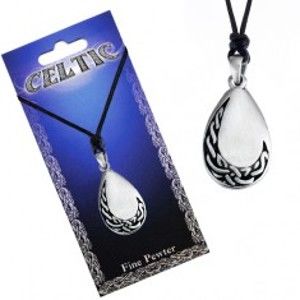Šperky eshop - Čierny šnúrkový náhrdelník - hladká kovová slzička a keltský uzol P2.16