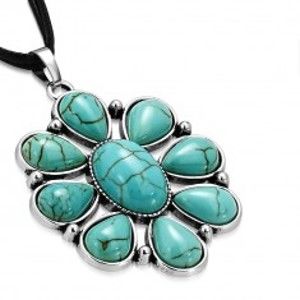 Šperky eshop - Čierny šnúrkový náhrdelník - ozdobný kvet s tyrkysovými kameňmi, slzy SP95.08