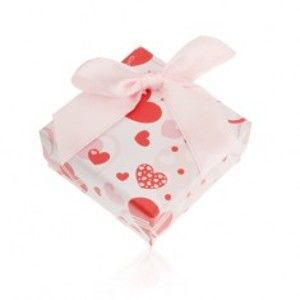 Darčeková krabička na náušnice - biela farba, červené srdiečka s mašličkou