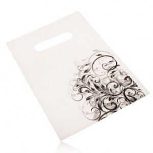 Šperky eshop - Darčekové igelitové vrecúško, čierna potlač popínavých listov na bielom podklade Y25.17