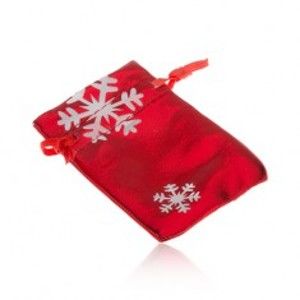 Darčekové vrecúško červenej farby, biele snehové vločky