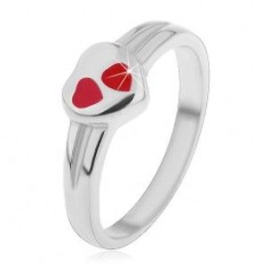 Šperky eshop - Detský prsteň z chirurgickej ocele, strieborná farba, srdce s červenou glazúrou H4.02 - Veľkosť: 45 mm