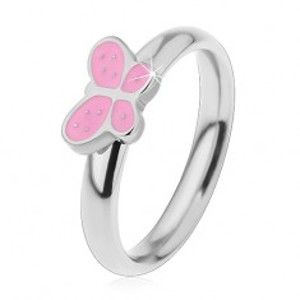 Detský prsteň z chirurgickej ocele, strieborný odtieň, motýlik s ružovou glazúrou - Veľkosť: 47 mm