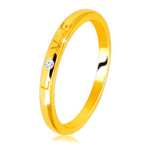 Diamantová obrúčka v žltom 14K zlate - nápis "LOVE" s briliantom, hladký povrch, 1,5 mm  - Veľkosť: 51 mm