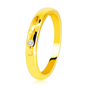 Diamantová obrúčka v žltom 585 zlate - nápis "LOVE" s briliantom, hladký povrch, 1,6 mm - Veľkosť: 51 mm