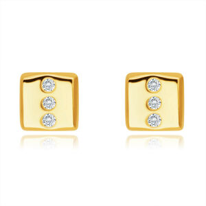 Diamantové 14K náušnice zo žltého zlata - obdĺžnik s tromi okrúhlymi briliantmi, puzetky