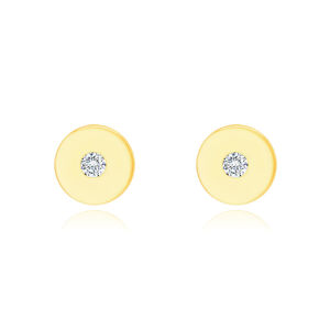 Diamantové náušnice zo 14K žltého zlata - plochý krúžok s čírym briliantom