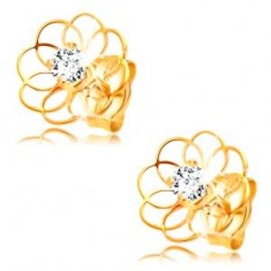 Šperky eshop - Diamantové náušnice zo žltého 14K zlata - kontúra kvietku s briliantom BT501.86