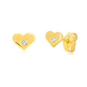 Šperky eshop - Diamantové náušnice zo žltého 14K zlata - lesklé srdiečko s briliantom BT504.30