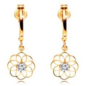 Šperky eshop - Diamantové náušnice zo žltého 14K zlata - visiaci kvet s ligotavým briliantom BT177.54