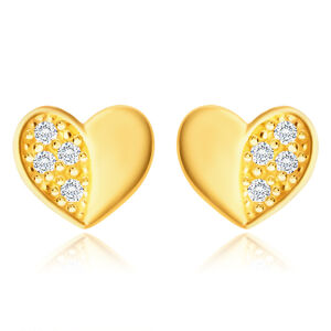 Diamantové náušnice zo žltého 585 zlata - srdiečko s lesklou a briliantovou polovicou