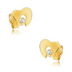 Šperky eshop - Diamantové zlaté náušnice 585 - lesklé srdce s výrezom a čírym briliantom BT501.83