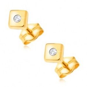 Šperky eshop - Diamantové zlaté náušnice 585 - lesklé štvorce s drobným čírym briliantom v strede BT500.08