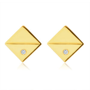 Diamantový náušnice zo 14K žltého zlata - štvorčeky s diagonálnym ryhovaním, brilianty