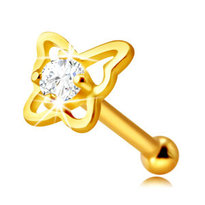 Diamantový piercing do nosa zo 14K žltého zlata - kontúra motýľa s briliantom, 1,5 mm