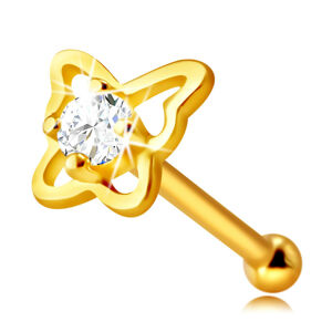 Diamantový piercing do nosa zo 14K žltého zlata - kontúra motýľa s briliantom, 1,75 mm