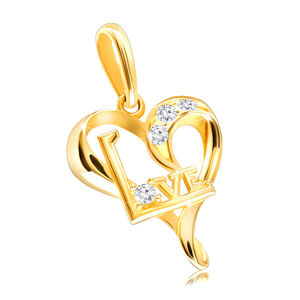 Diamantový prívesok zo žltého 375 zlata - línie malého srdca, číre brilianty, nápis "Love"