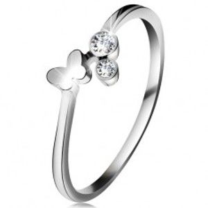 Šperky eshop - Diamantový prsteň z bieleho 14K zlata - dva číre brilianty, lesklý motýlik BT181.97/182.05 - Veľkosť: 53 mm