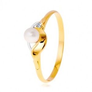 Diamantový prsteň zo 14K zlata, dvojfarebné vlnky, číry briliant a biela perla - Veľkosť: 59 mm
