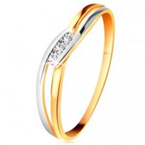 Šperky eshop - Diamantový prsteň zo 14K zlata, tri číre brilianty, rozdelené zvlnené ramená BT178.78/84/502.78/81 - Veľkosť: 64 mm
