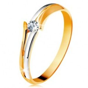Diamantový zlatý prsteň 585, žiarivý číry briliant, rozdelené dvojfarebné ramená - Veľkosť: 64 mm