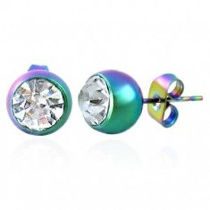 Šperky eshop - Dúhové náušnice z chirurgickej ocele, okrúhly kamienok čírej farby SP47.06