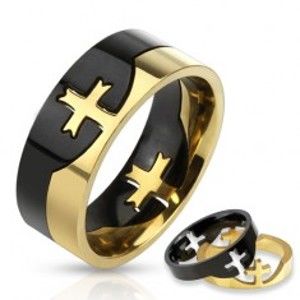 Šperky eshop - Dvojdielny prsteň čierno-zlatej farby z chirurgickej ocele, kríž BB12.09 - Veľkosť: 62 mm