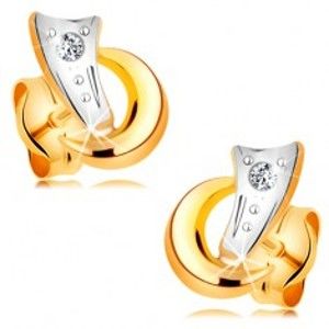 Šperky eshop - Dvojfarebné náušnice v 14K zlate - dva oblúčiky a trblietavý diamant čírej farby BT177.09