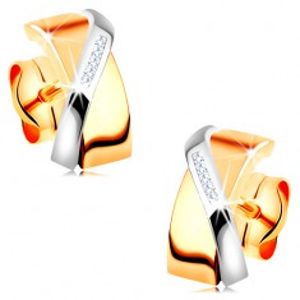 Šperky eshop - Dvojfarebné náušnice v 14K zlate - prekrývajúce sa oblúčiky, číre zirkóniky GG160.17