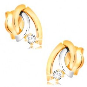 Šperky eshop - Dvojfarebné náušnice v 14K zlate - tri zahnuté línie, okrúhly žiarivý briliant BT501.30