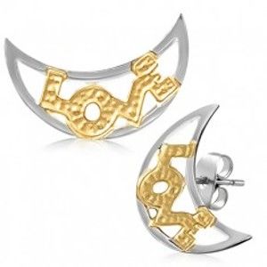 Šperky eshop - Dvojfarebné náušnice z ocele - polmesiace s nápisom LOVE AA27.02