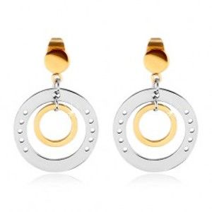 Šperky eshop - Dvojfarebné náušnice z ocele 316L, veľký kruh s dierkami a menším kruhom G22.09