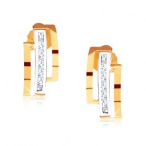 Šperky eshop - Dvojfarebné náušnice zo zlata 375, polkruhy, zvislá línia čírych kamienkov GG56.06