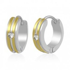 Šperky eshop - Dvojfarebné oceľové náušnice - krúžky, dva pruhy zlatej farby a číry zirkón X04.19