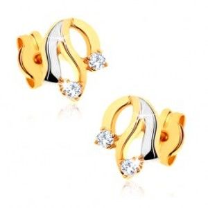 Šperky eshop - Dvojfarebné zlaté náušnice 375 - lesklé zvlnené línie, trblietavé číre zirkóny GG41.05