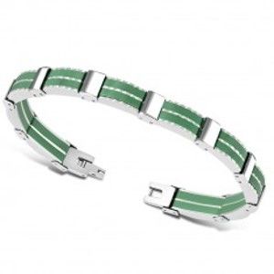Šperky eshop - Dvojfarebný oceľový náramok - viacdielne články, gumené pásiky zelenej farby SP27.16