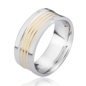 Šperky eshop - Dvojfarebný oceľový prsteň so zaoblenými pásmi zlatej farby L7.10 - Veľkosť: 64 mm