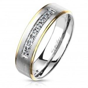 Šperky eshop - Dvojfarebný oceľový prsteň, strieborný a zlatý odtieň, číre zirkóny, 6 mm M16.05 - Veľkosť: 67 mm