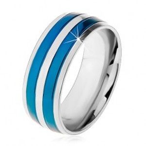 Šperky eshop - Dvojfarebný oceľový prsteň, tenké pásy v modrom a striebornom odtieni, zárezy, 8 mm M08.19 - Veľkosť: 60 mm