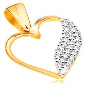 Šperky eshop - Dvojfarebný prívesok v 14K zlate - obrys srdca, široká vlnka z čírych zirkónov GG195.04