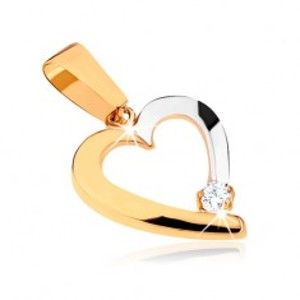 Šperky eshop - Dvojfarebný prívesok v 9K zlate - obrys nesúmerného srdca, číry kamienok GG32.11