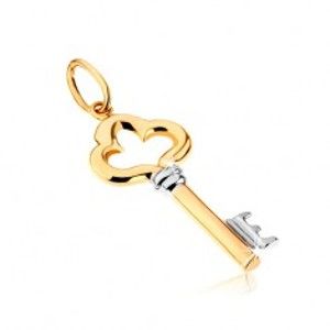 Šperky eshop - Dvojfarebný prívesok z 9K zlata - lesklý ozdobne vyrezávaný kľúč GG32.03