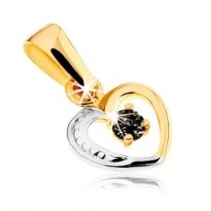 Šperky eshop - Dvojfarebný prívesok z 9K zlata - línia pravidelného srdiečka, zafír čiernej farby GG47.08