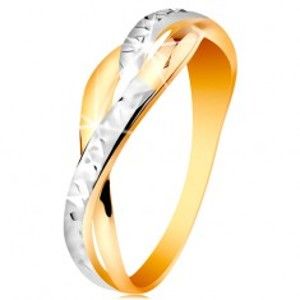 Dvojfarebný prsteň v 14K zlate - rozdelené a zvlnené línie ramien, ligotavé zárezy - Veľkosť: 51 mm