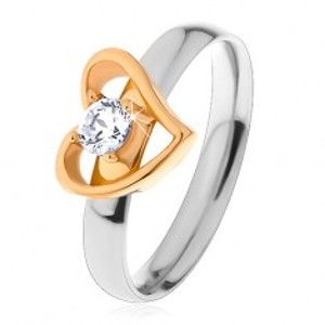 Šperky eshop - Dvojfarebný prsteň z ocele 316L - asymetrická kontúra srdca, číry zirkón S21.01 - Veľkosť: 58 mm