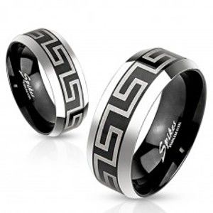 Šperky eshop - Dvojfarebný prsteň z ocele 316L, čierny stredový pás s gréckym kľúčom, 8 mm J18.11 - Veľkosť: 65 mm