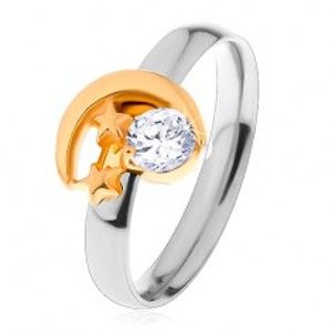 Šperky eshop - Dvojfarebný prsteň z ocele 316L, cíp mesiaca, dve malé hviezdy a číry zirkón S26.01 - Veľkosť: 50 mm
