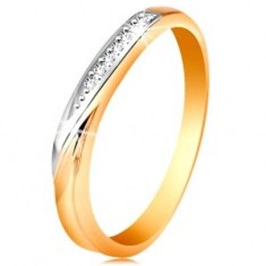 Šperky eshop - Dvojfarebný zlatý prsteň 585 - vlnka z bieleho zlata a drobných čírych zirkónov GG193.22/28 - Veľkosť: 48 mm