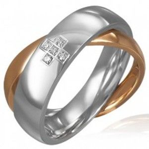 Šperky eshop - Dvojitý oceľový prsteň - zirkónový kríž, zlatá a strieborná farba F8.10 - Veľkosť: 46 mm