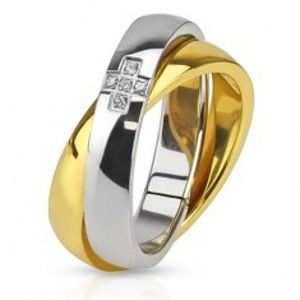 Šperky eshop - Dvojitý oceľový prsteň, obrúčka zlatej a striebornej farby, zirkónový kríž BB12.12 - Veľkosť: 60 mm